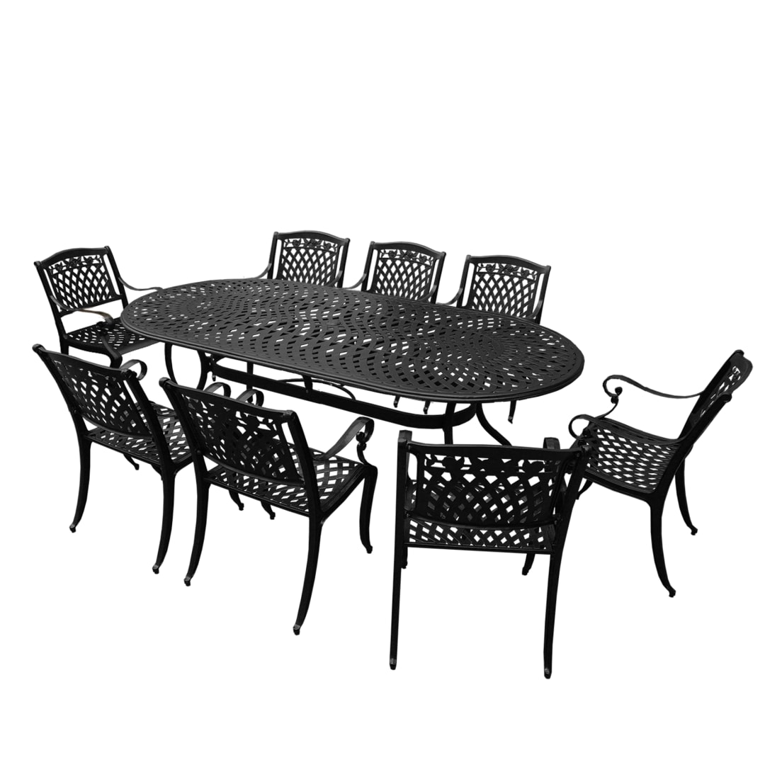 Modern Outdoor Mesh Lattice Aluminum 95-in Large Black Oval Patio Dining Set with Eight Arm Chairs