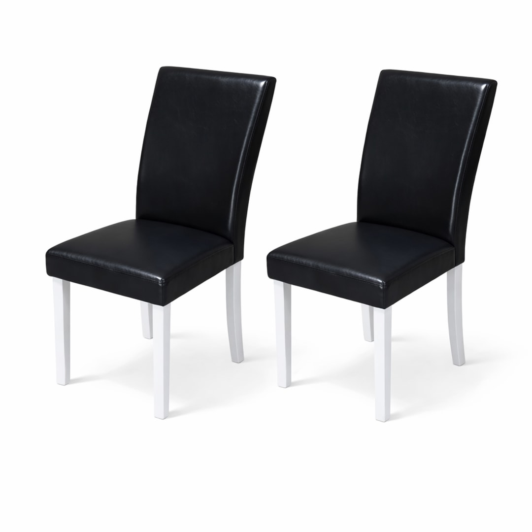 Modern Dining Chairs, Set of 2, White Finish with Black PU Leather Upholstered Seats Solid Rubberwood
