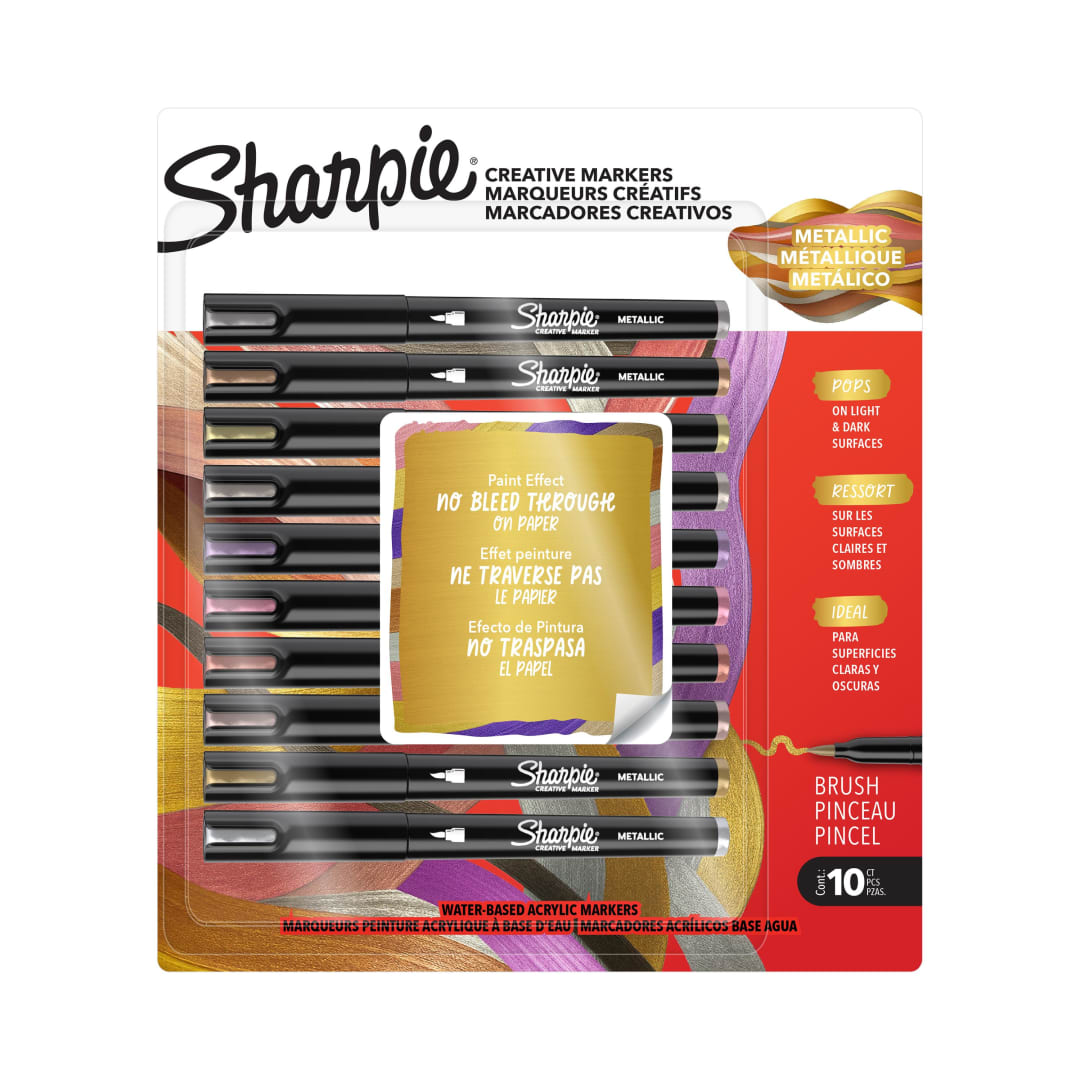 Sharpie Creative Markers, Metallic Markers, Water-Based Acrylic Markers, Brush Tip, Assorted, 10 Count