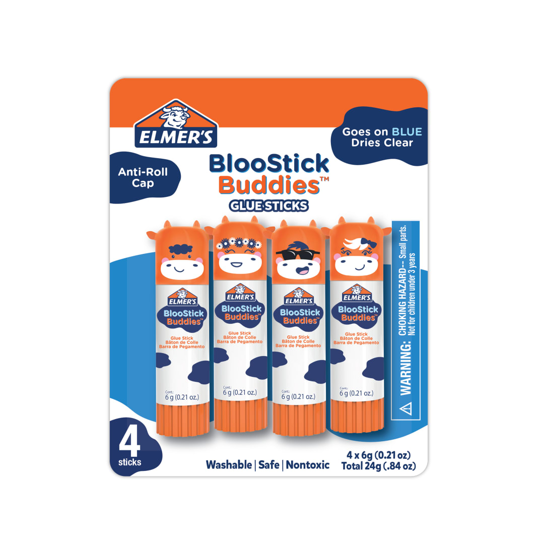 Elmer's BlooStick Buddies Glue Sticks, Disappearing Blue Glue Stick, Anti-Roll Cap, 6g, 4 Count