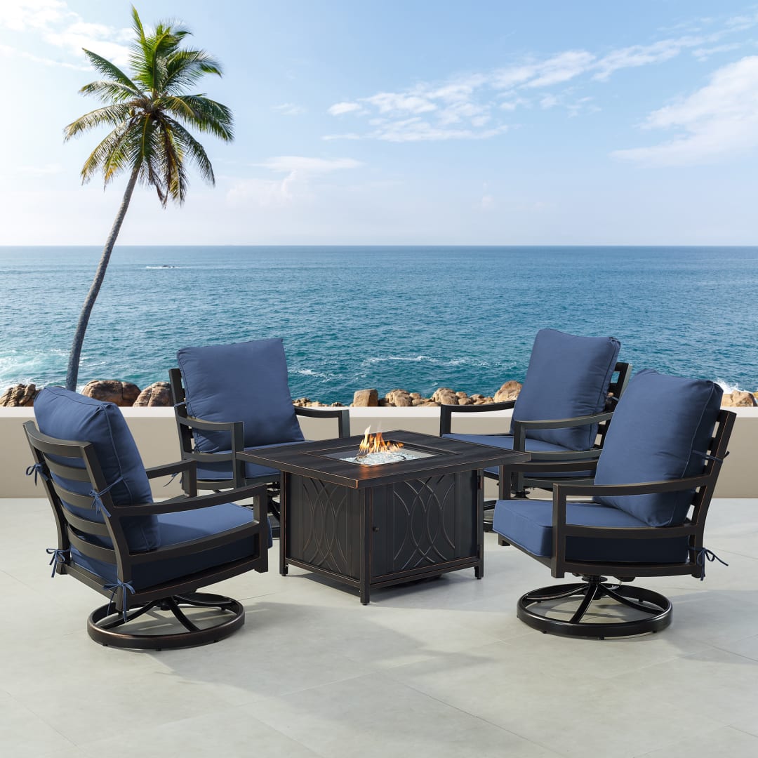 Black Aluminum Patio Fire Table Set with Four Club Chairs