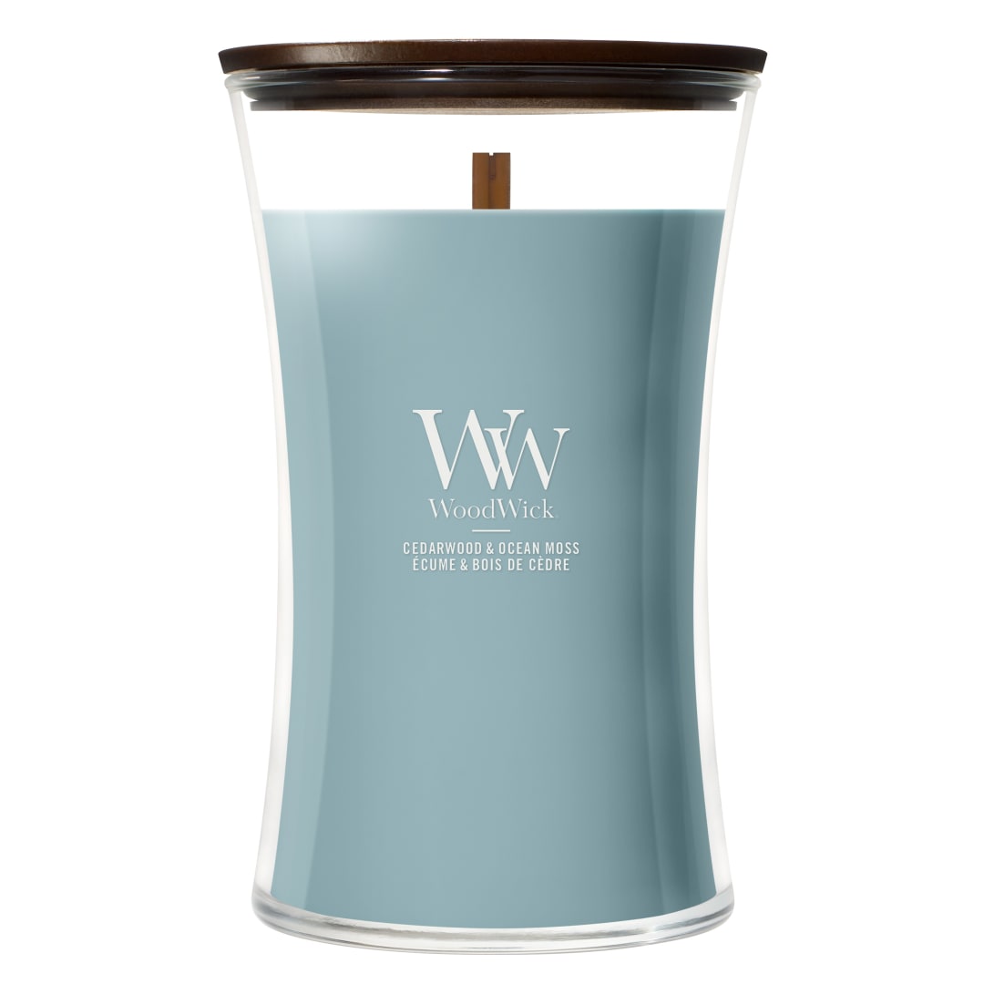 WoodWick Vela perfumada | Vela grande en forma de reloj de arena | Cedarwood & Ocean Moss | Regalos perfectos para mujeres
