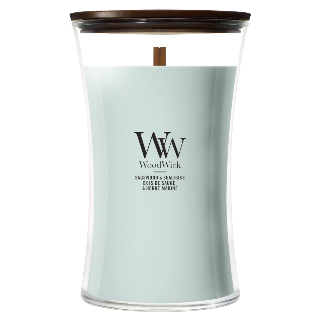 WoodWick Vela perfumada | Vela grande en forma de reloj de arena | Sagewood & Seagrass | Regalos perfectos para mujeres