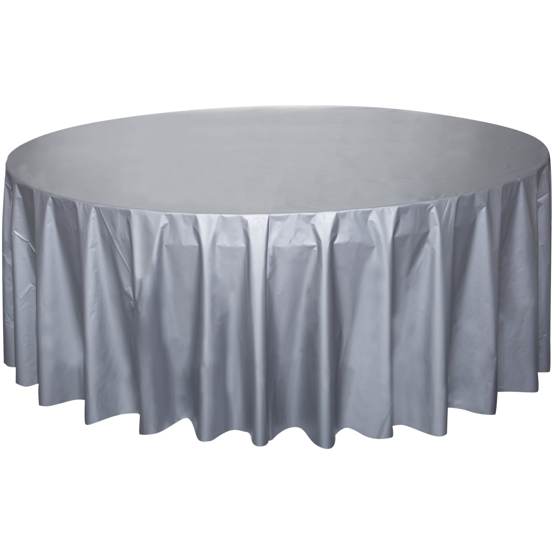 Silver Solid Round Plastic Table Cover, 84"
