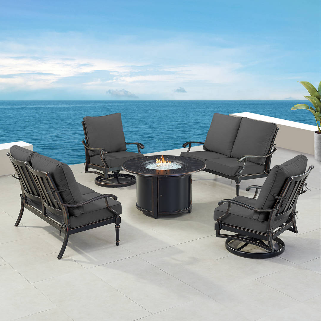 Black Aluminum Patio Fire Table Set with Two Deep Seating Loveseat with Cushions and Two Club Chairs