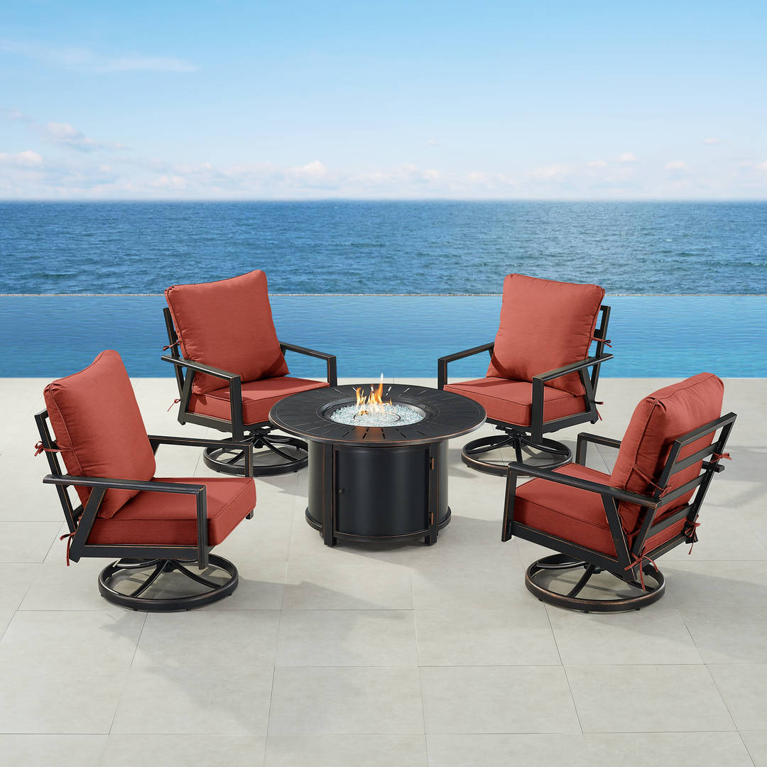 Black Aluminum Patio Fire Table Set with Four Club Chairs