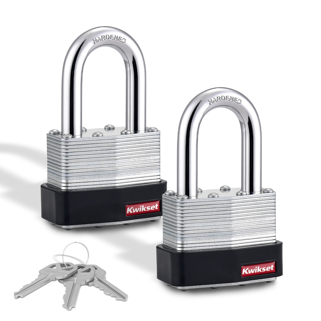 Kwikset Laminated Steel Padlock with Hardened Steel Shackle, 2 in Body, 1-1/2 in Shackle, 2 Pack