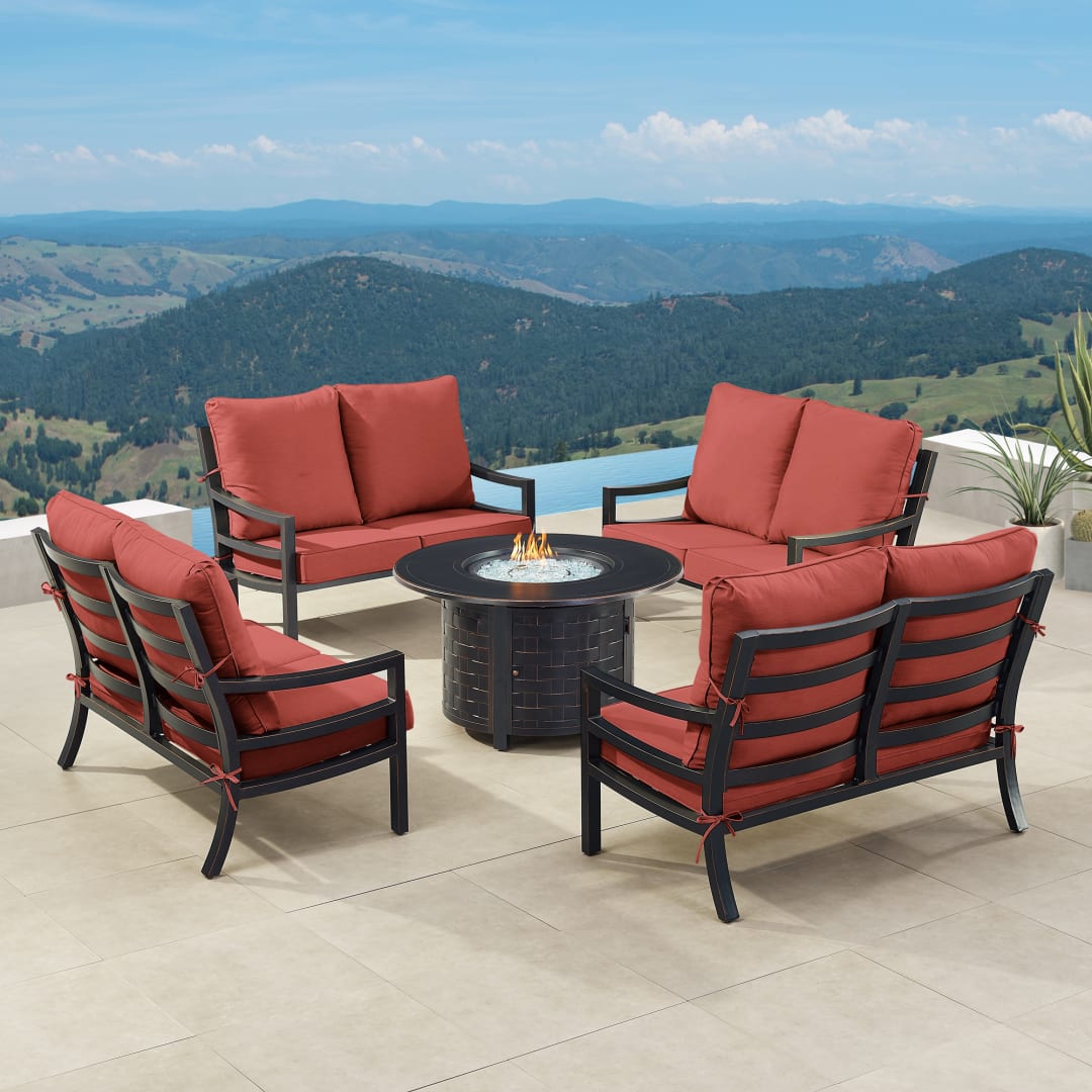 Black Aluminum Patio Fire Table Set with Four Deep Seating Loveseat with Cushions