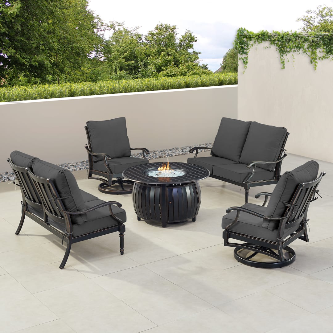 Black Aluminum Patio Fire Table Set with Two Deep Seating Loveseat with Cushions and Two Club Chairs