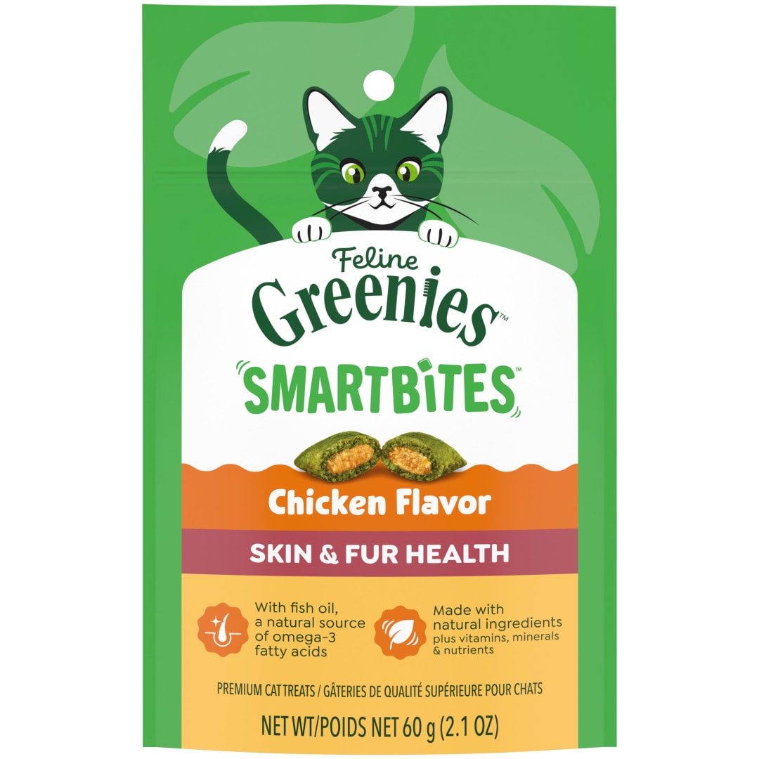 FELINE GREENIES SMARTBITES Skin & Fur  Crunchy and Soft Natural Cat Treats, Chicken Flavor, 2.1 oz. Pack