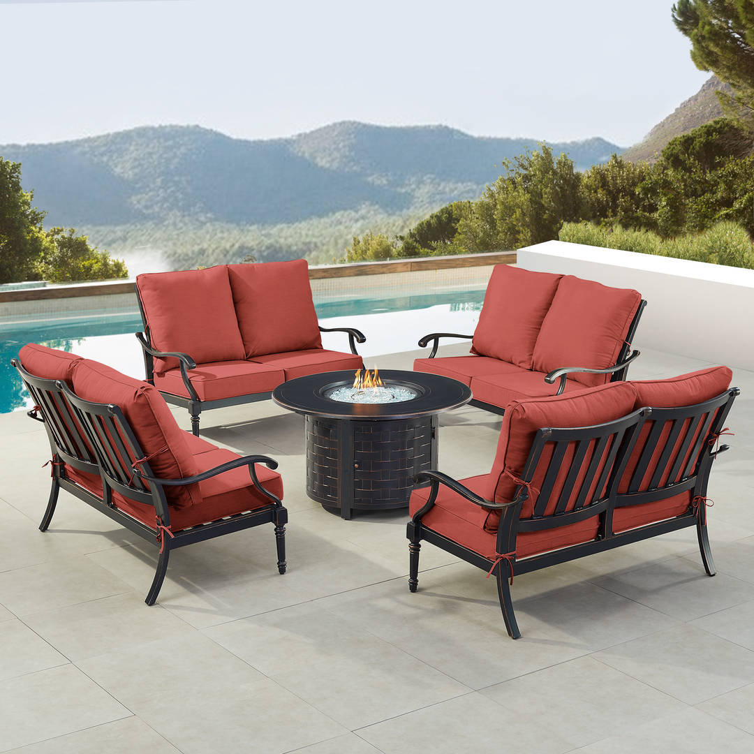 Black Aluminum Patio Fire Table Set with Four Deep Seating Loveseat with Cushions