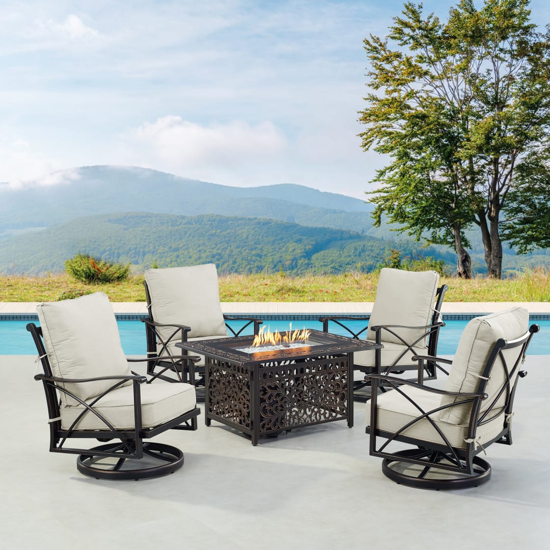 Black Aluminum Patio Fire Table Set with Four Club Chairs