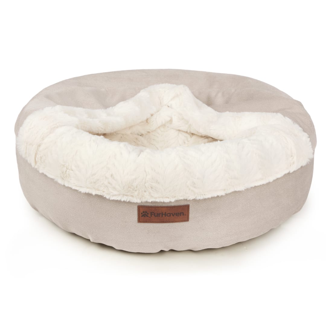 FurHaven Hooded Donut Calming Pet Bed, Dog Bed for Small Breeds, 22" x 22" x 7", Taupe