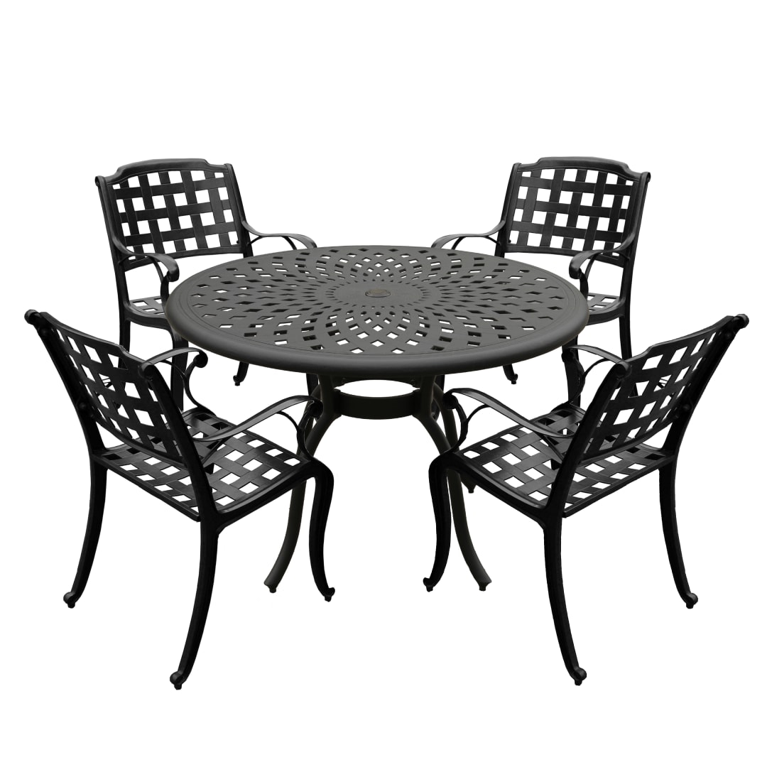 Modern Ornate Outdoor Mesh Aluminum 48-in Black Round Patio Dining Set with Four Chairs