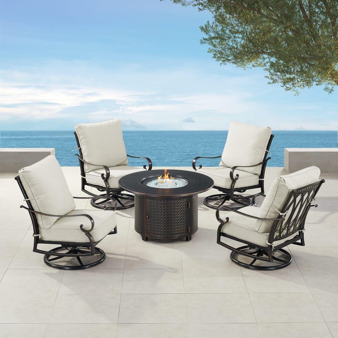 Black Aluminum Patio Fire Table Set with Four Club Chairs