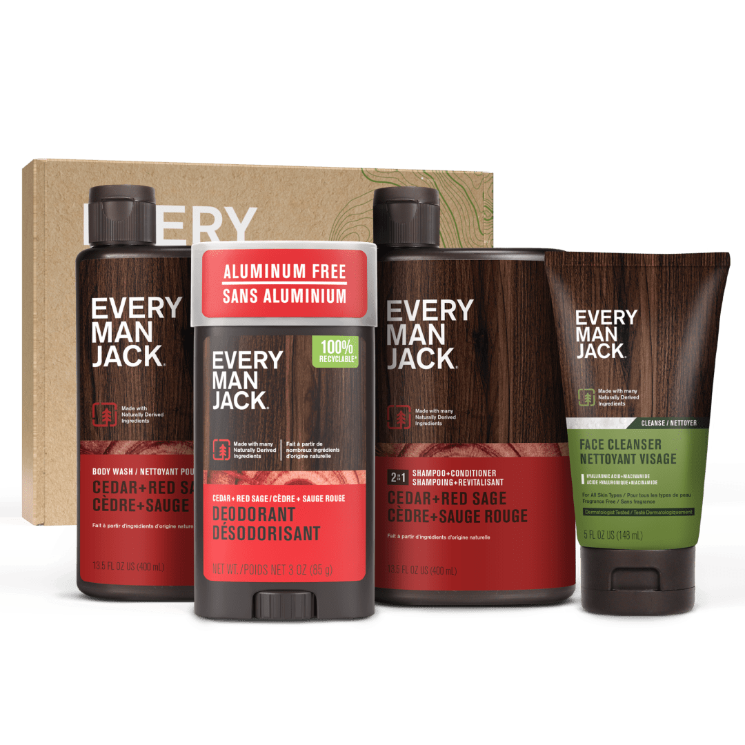 Every Man Jack Men's Bath and Body Gift Set - Cedar & Red Sage Scent - Clean Ingredients - Includes Hydrating Body Wash, 2-in-1 Shampoo, Aluminum-free Deodorant & Face Wash