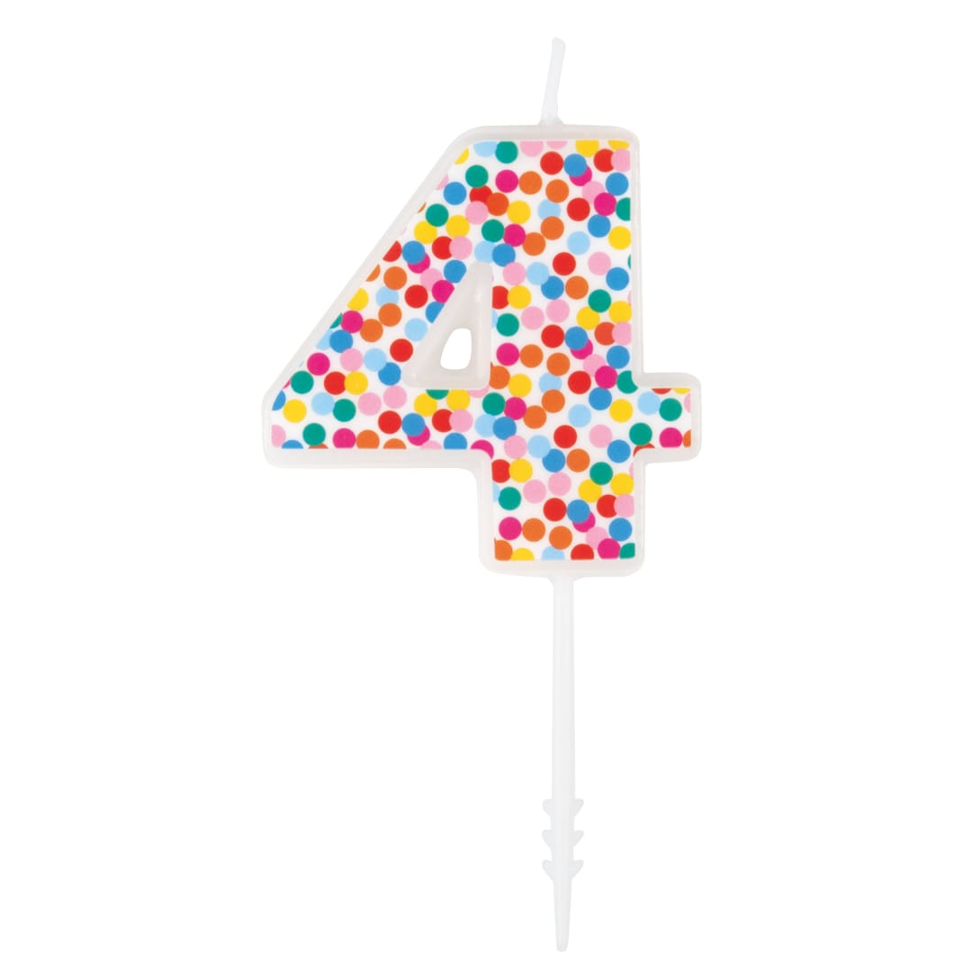 Packed Party Number 4 Confetti Patterned White Pick Birthday Candle
