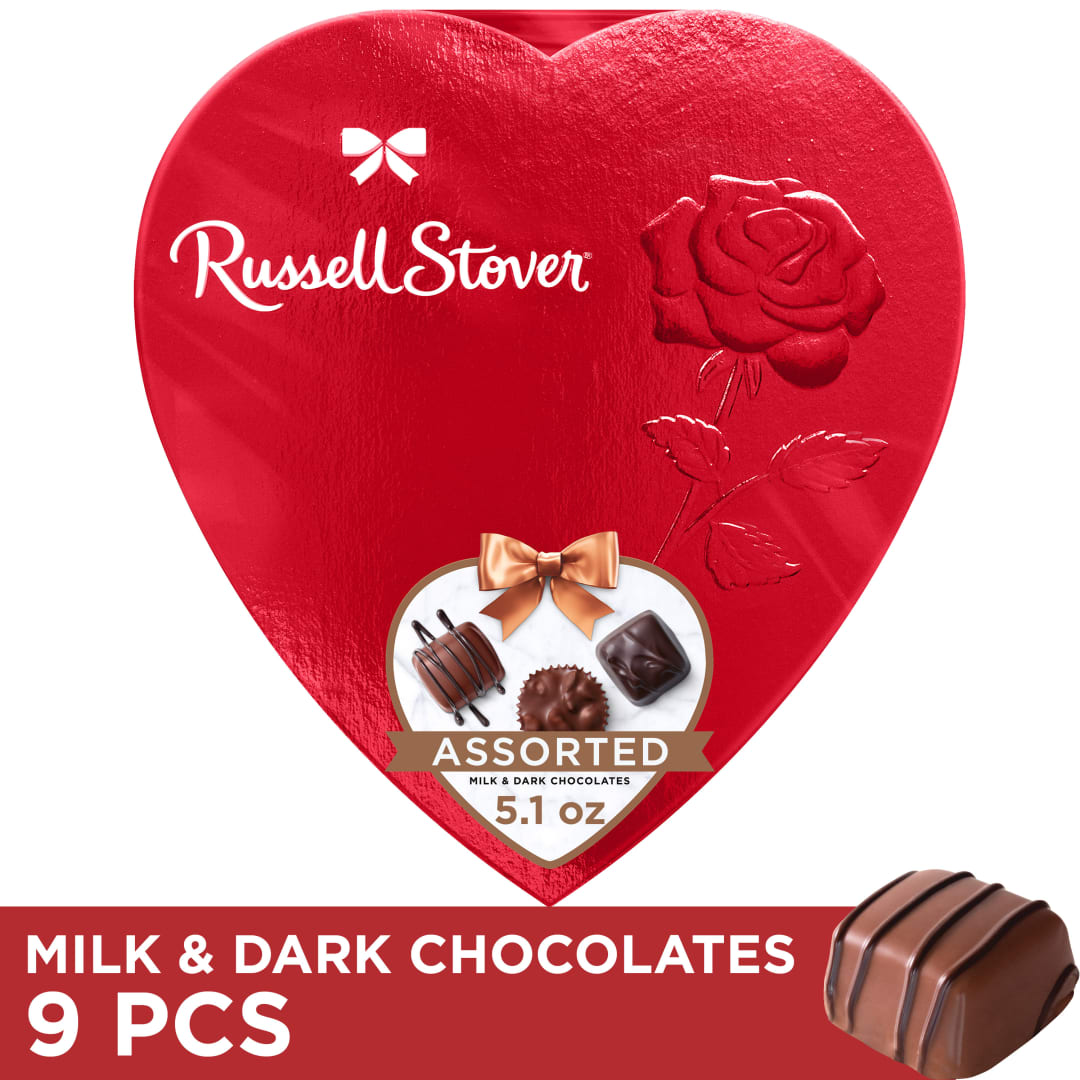 RUSSELL STOVER Valentine's Day Red Foil Heart Assorted Milk & Dark Chocolate Candy Gift Box, 5.1 oz.