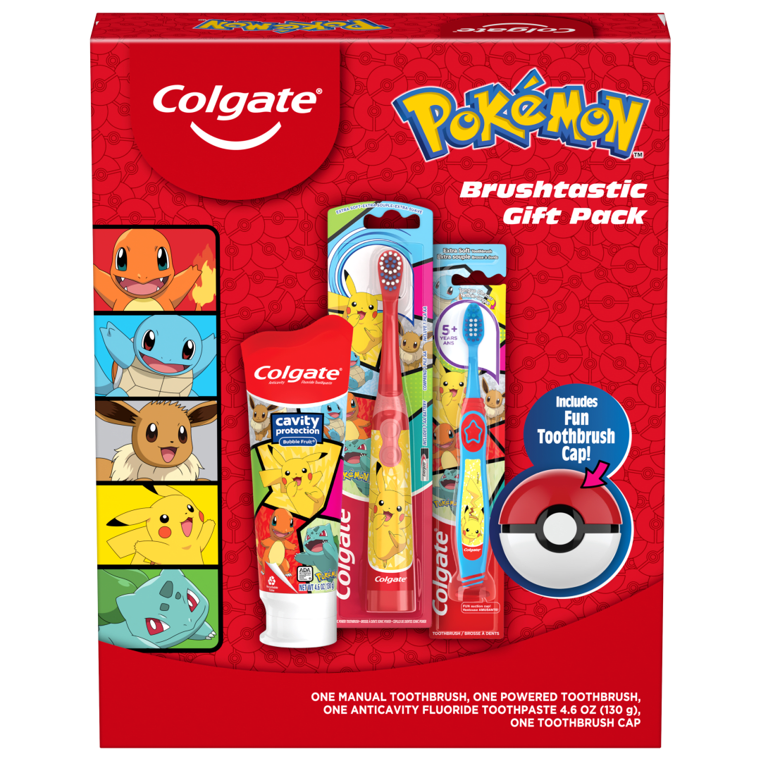 Colgate Kids Toothbrush Set with Toothpaste, Pokemon Gift Set, 1 manual toothbrush, one powered tootbrush and one Toothpaste
