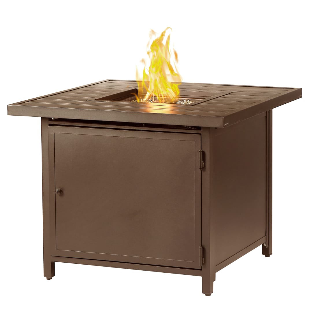 Square 32 in. x 32 in. Aluminum Propane Fire Pit Table with Glass Beads, Two Covers, Lid, 37,000 BTUs in Brown Finish