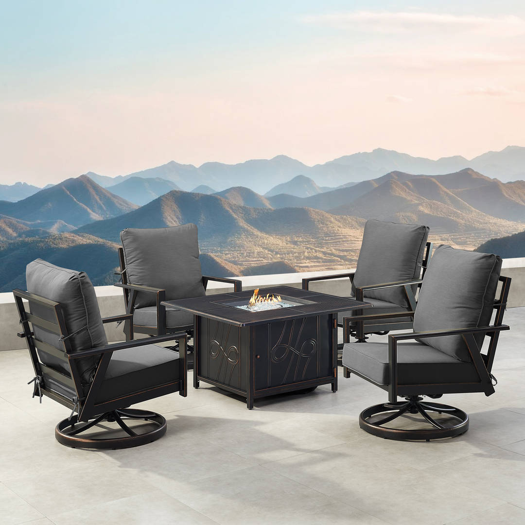 Black Aluminum Patio Fire Table Set with Four Club Chairs