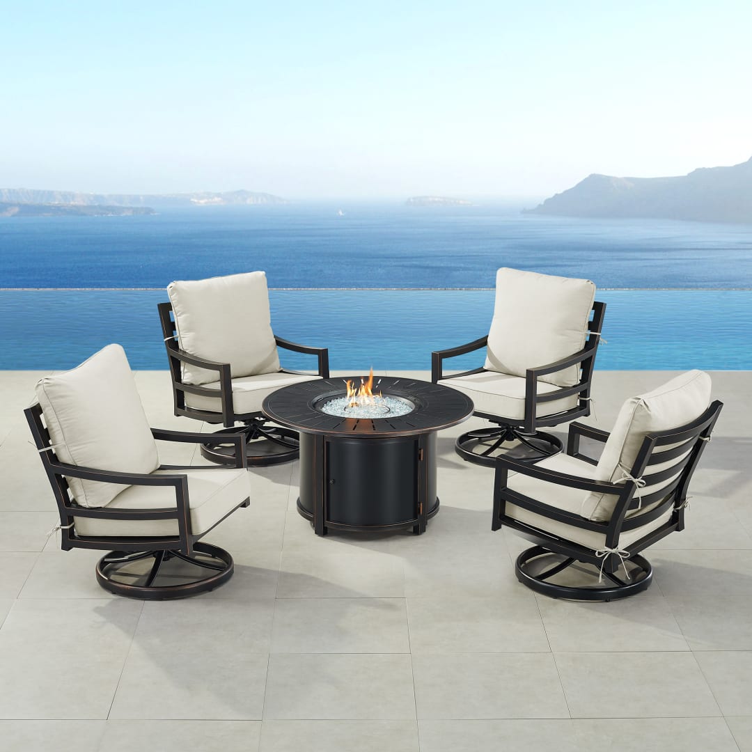 Black Aluminum Patio Fire Table Set with Four Club Chairs