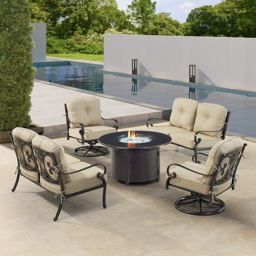 Black Aluminum Patio Fire Table Set with Two Deep Seating Loveseat with Cushions and Two Club Chairs