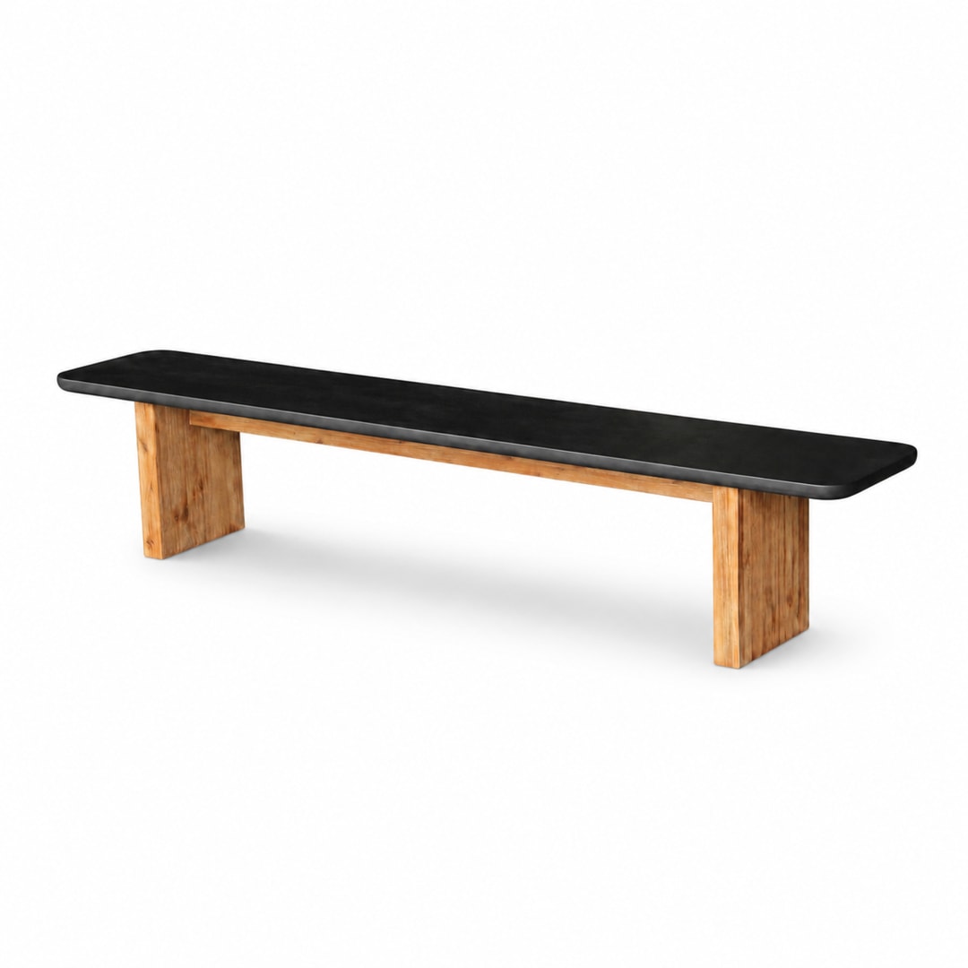 Modern Indoor/Outdoor Matte Black 86.6" Poly-Fiber Bench with Acacia Wood Base