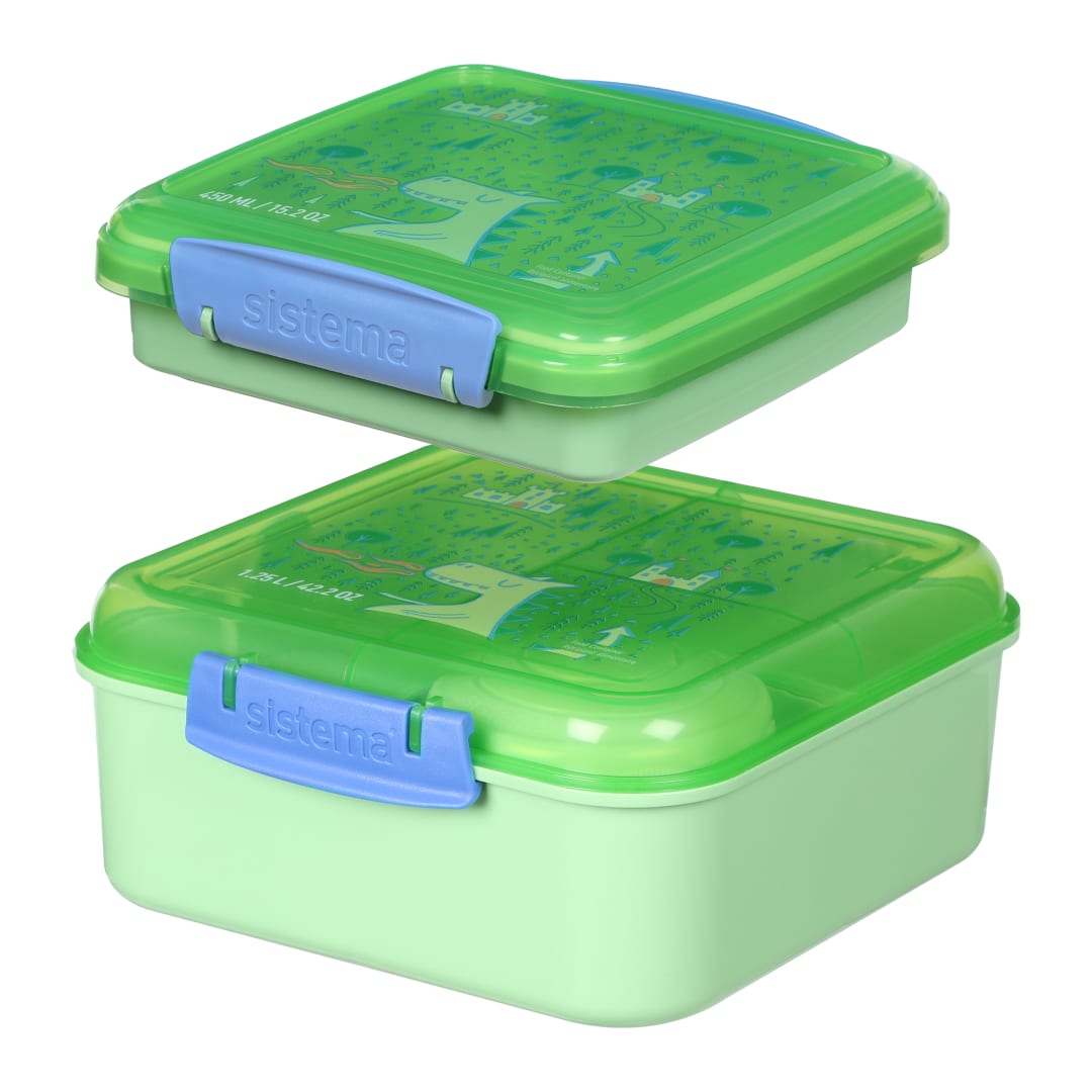 Sistema Expressions Set de Fiambreras Infantiles | Bento Cube (1,25L) y Caja para Sándwich (450ml) | Dinosaur Cucumber