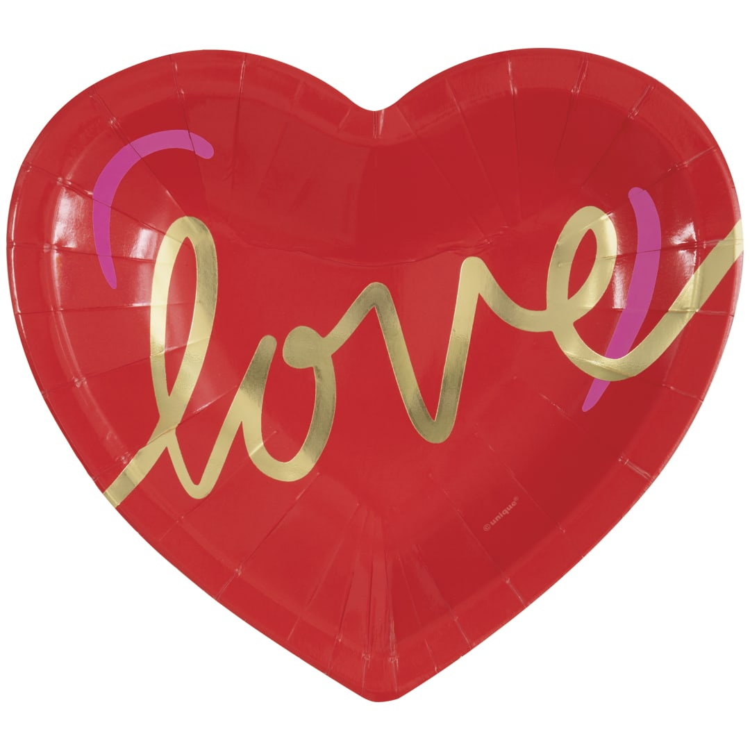 Red &amp; Pink Valentines "Love" Heart Shaped 7.25" Dessert Plate, 8ct - Foil Board