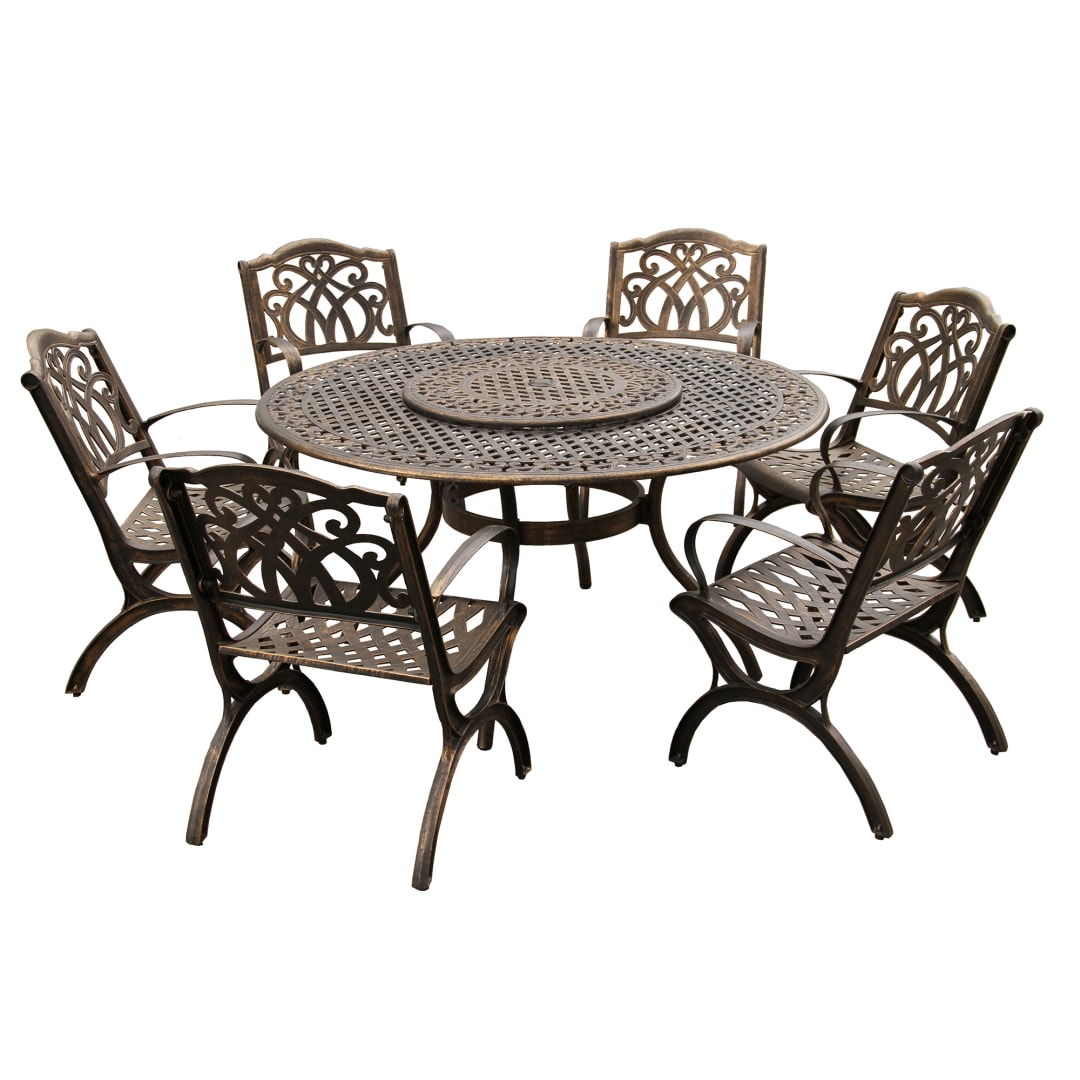 Modern Ornate Outdoor Mesh Aluminum 59-in Large Bronze Round Patio Dining Set with Lazy Susan and Six Chairs