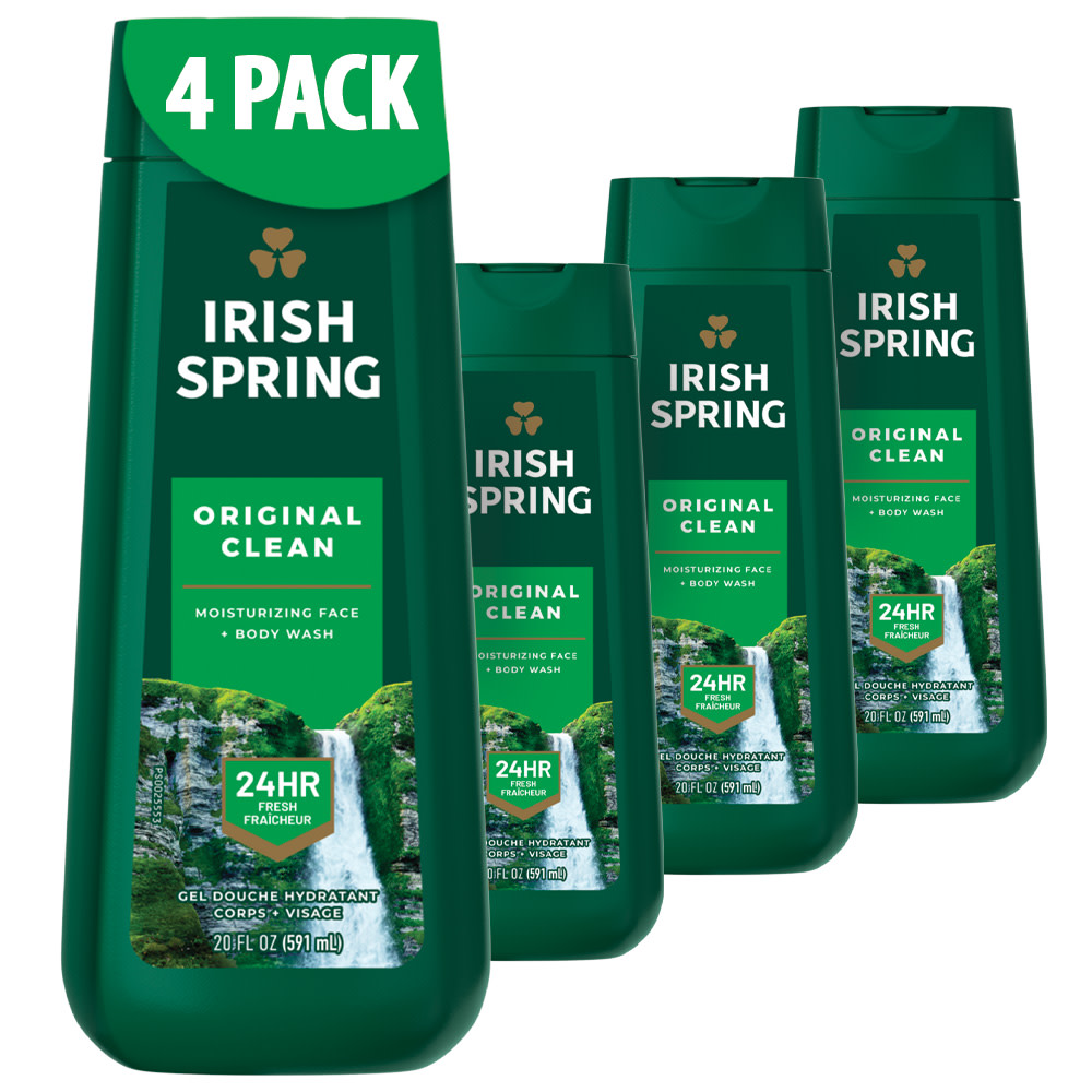 Irish Spring Mens Body Wash, Original Body Wash for Men, Smell Fresh and Clean for 24 Hours, Cleans Body, Hands, and Face, Made with Biodegradable Cleansing Ingredients, 4 Pack, 20 Oz Bottle