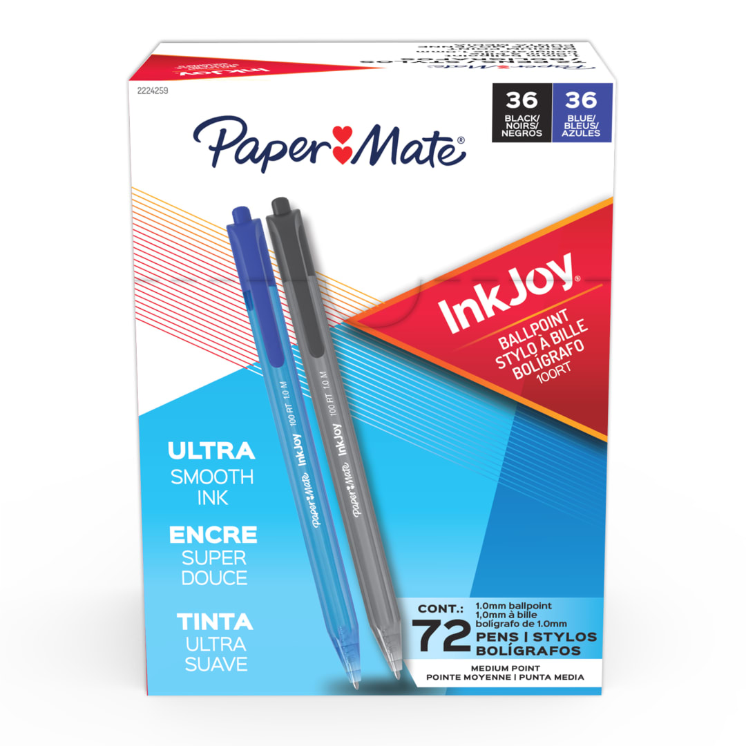 Paper Mate® InkJoy 100RT Ballpoint Pens, Medium Point (1.0mm), Black and Blue Ink, 72 Count