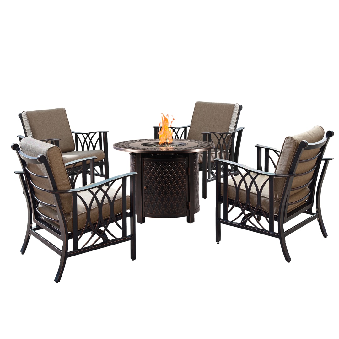 Aluminum 34-in Round Antique Copper Fire Table Set with Four Deep Seating Rocking Chairs, Fire Beads, Lid, Propane Tank Cover and Table Fabric Covers