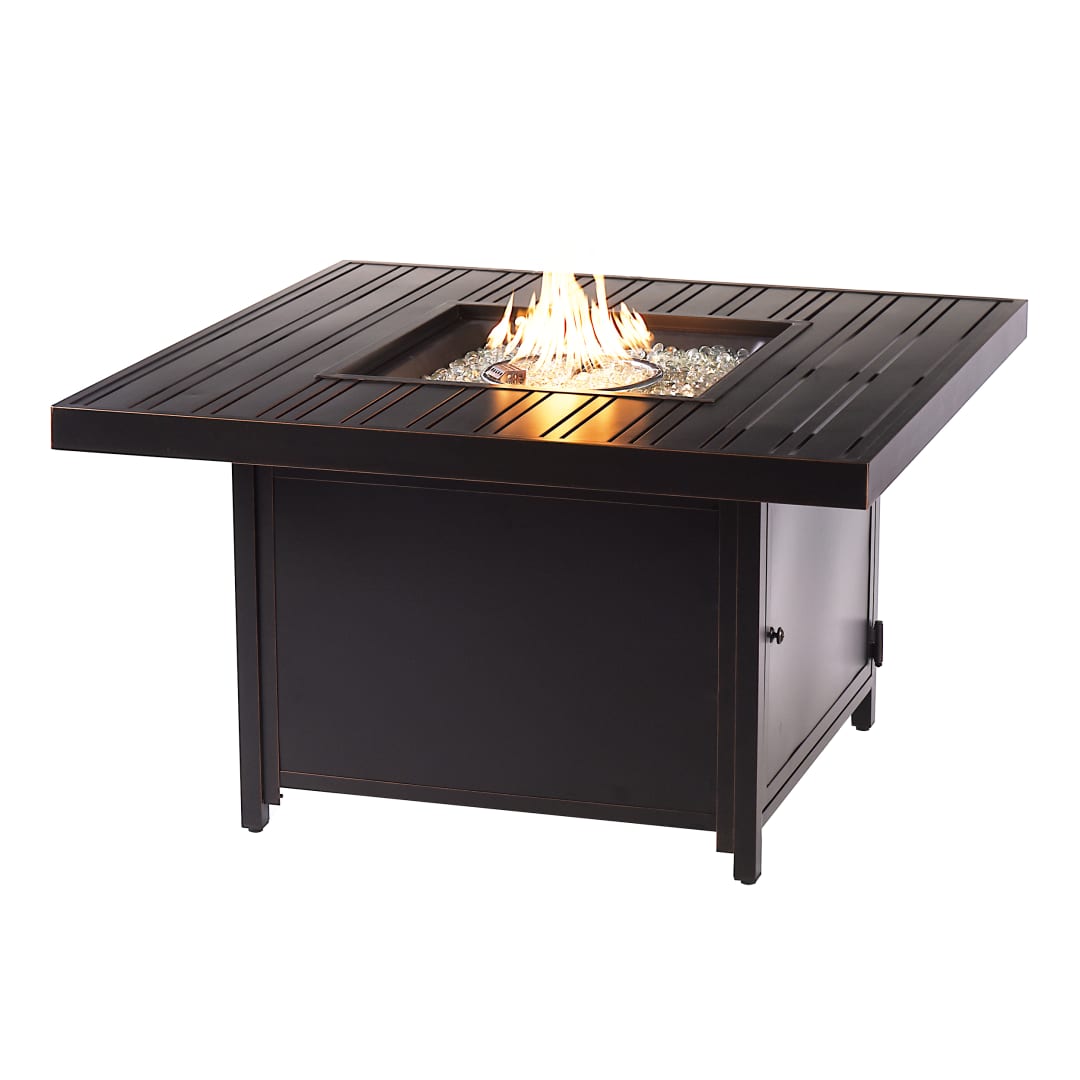 Square 42 in. x 42 in. Aluminum Propane Fire Pit Table with Glass Beads, Two Covers, Lid, 55,000 BTUs in Copper Finish
