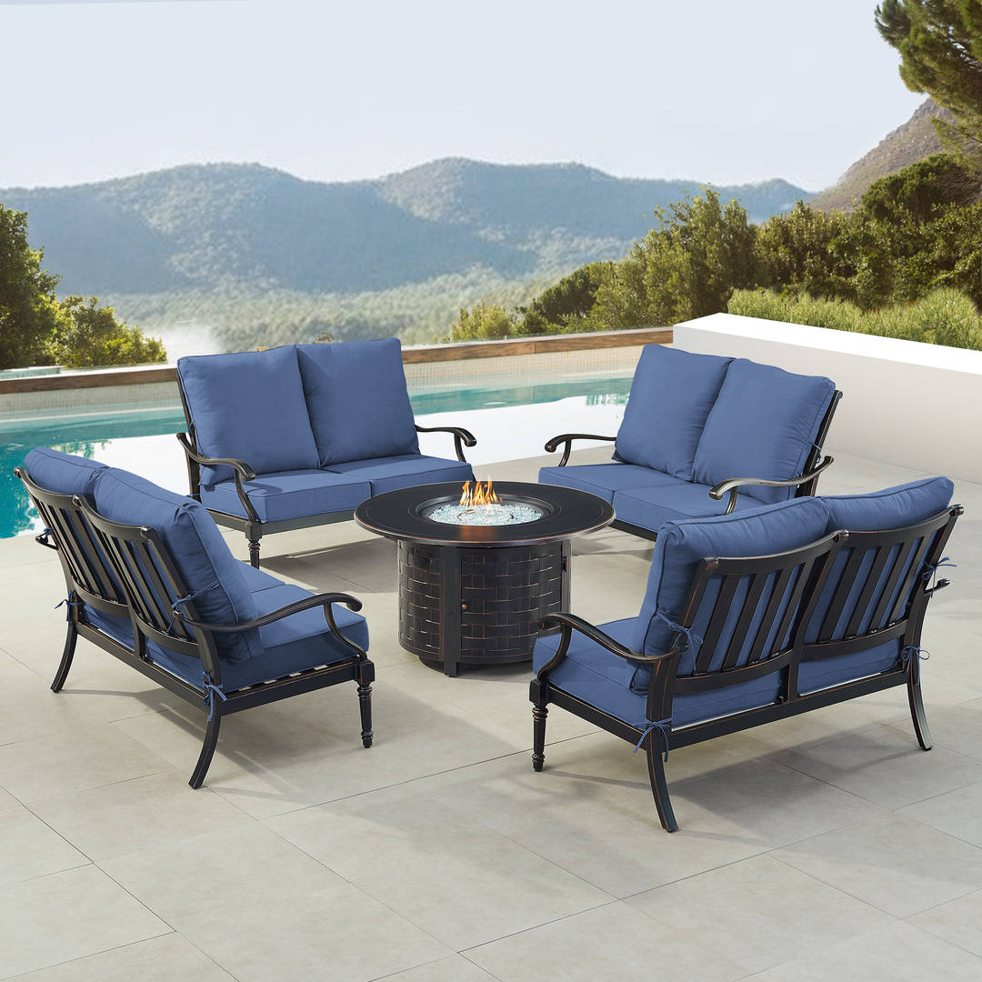 Black Aluminum Patio Fire Table Set with Four Deep Seating Loveseat with Cushions