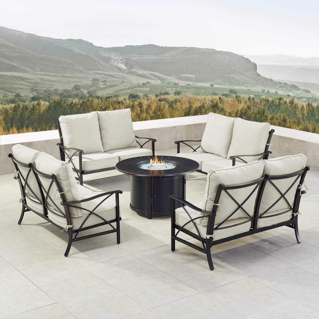 Black Aluminum Patio Fire Table Set with Four Deep Seating Loveseat with Cushions