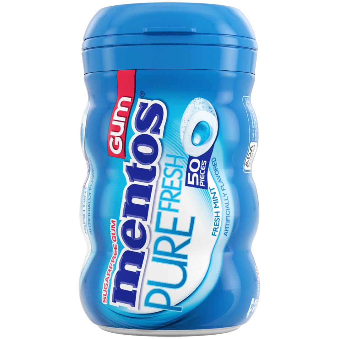 Mentos Gum Pure Fresh Sugar Free Chewing Gum Fresh Mint 50 pc Curvy Bottle Front End Pack