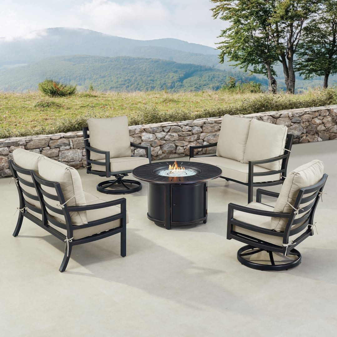 Black Aluminum Patio Fire Table Set with Two Deep Seating Loveseat with Cushions and Two Club Chairs