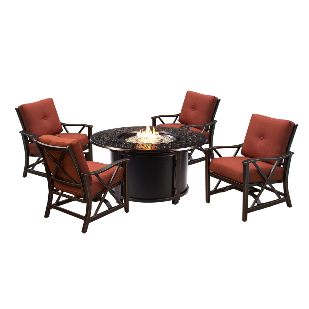 Aluminum 44-in Round Antique Copper Fire Table Set with Four Deep Seating Rocking Chairs, Fire Beads, Lid, Propane Tank Cover and Table Fabric Covers