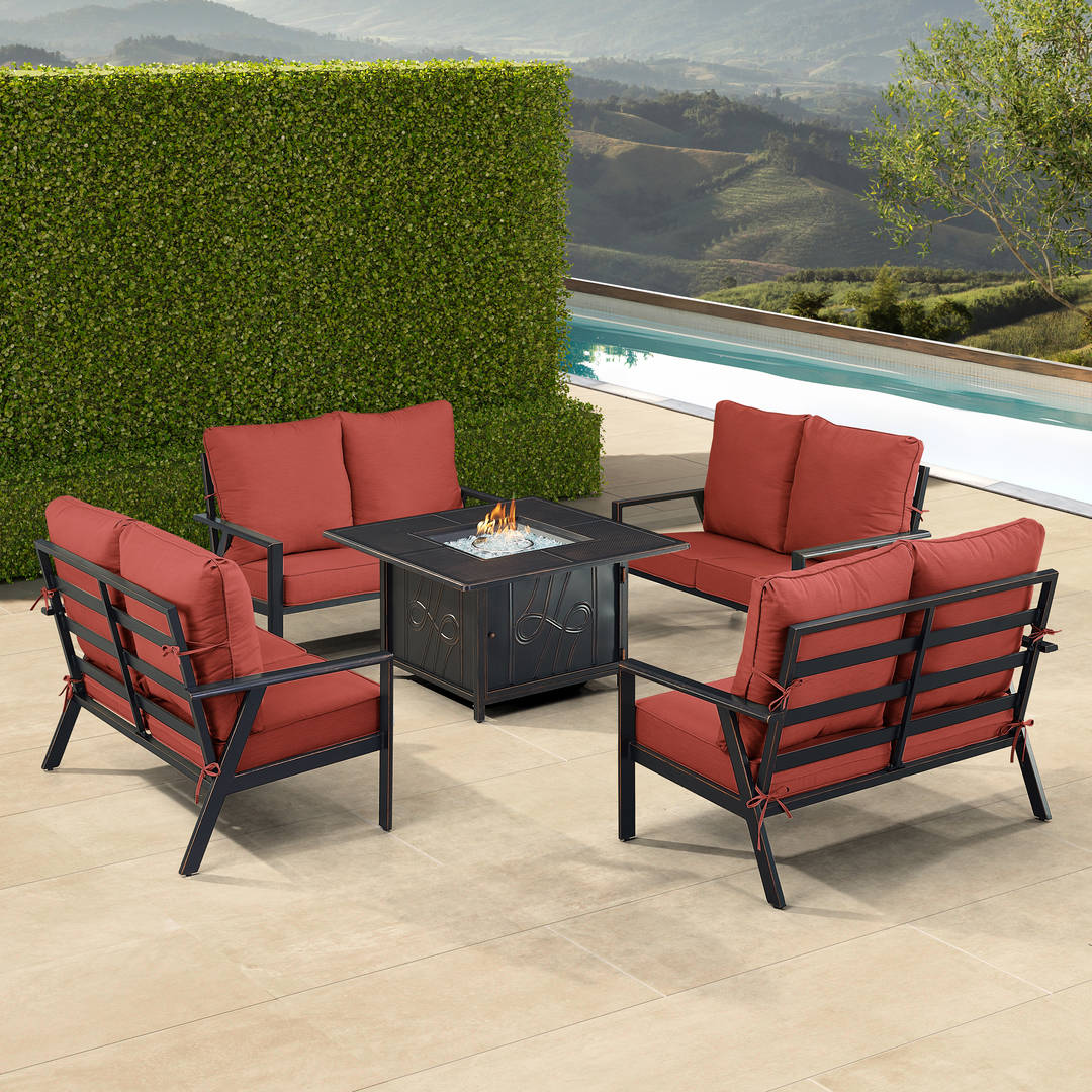 Black Aluminum Patio Fire Table Set with Four Deep Seating Loveseats with Cushions