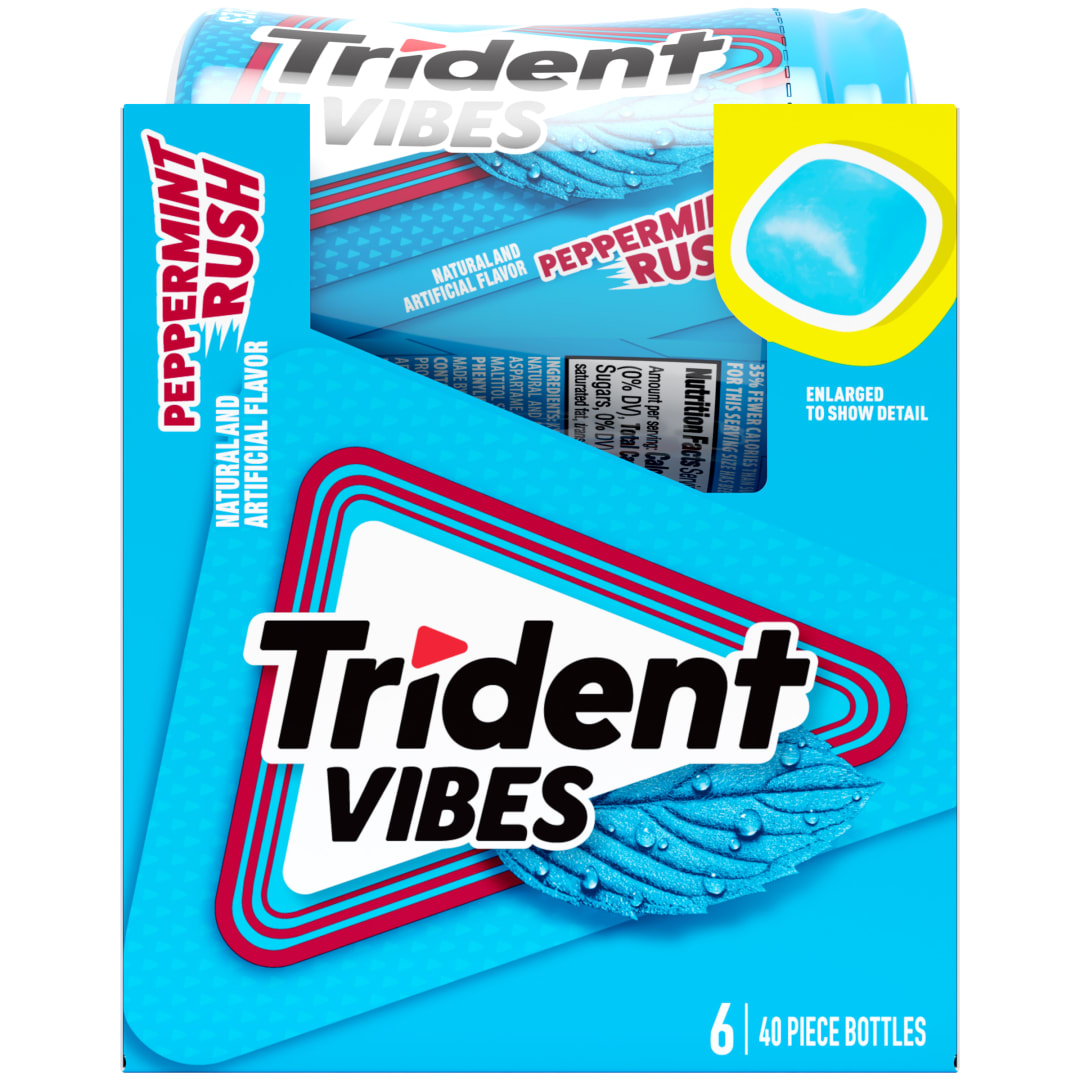 Trident Vibes Sugar Free Chewing Gum Peppermint Rush 40 pc Bottles - 6 Pack