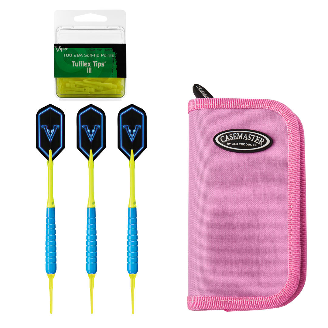 Viper V Glo Soft Tip 18gm Blue, Casemaster Deluxe Pink Nylon Dart Case, and Viper 2BA Tufflex Tips III- Neon Yellow 100ct. Box