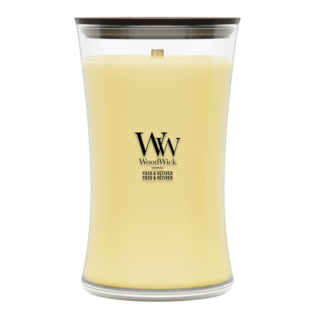 WoodWick Vela perfumada | Vela grande en forma de reloj de arena | Yuzu & Vetiver | Regalos perfectos para mujeres
