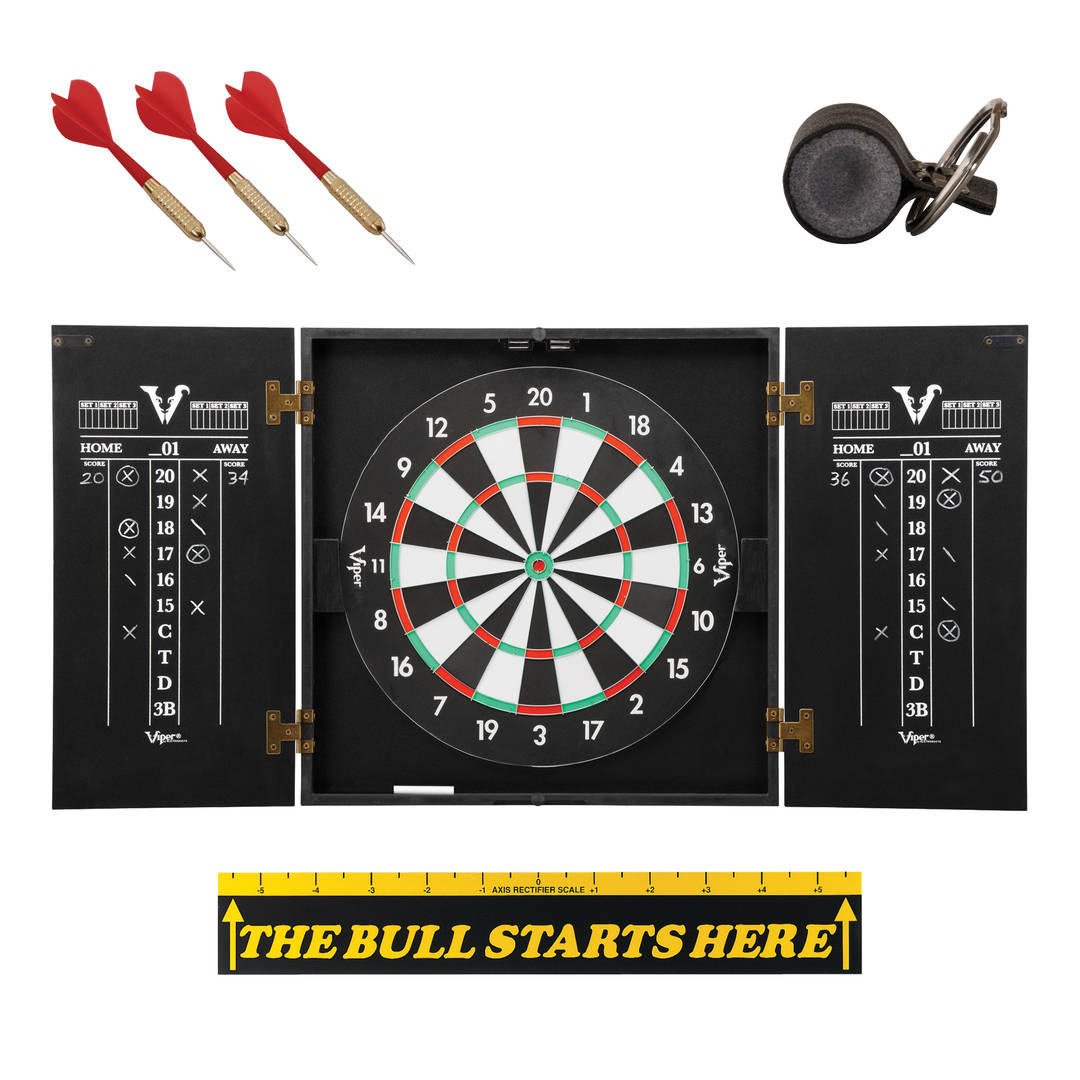 Viper Hideaway Cabinet with Dartboard, Bar Darts Steel Tip Darts, Key Ring Stone Sharpener & "The Bull Starts Here" Throw Line