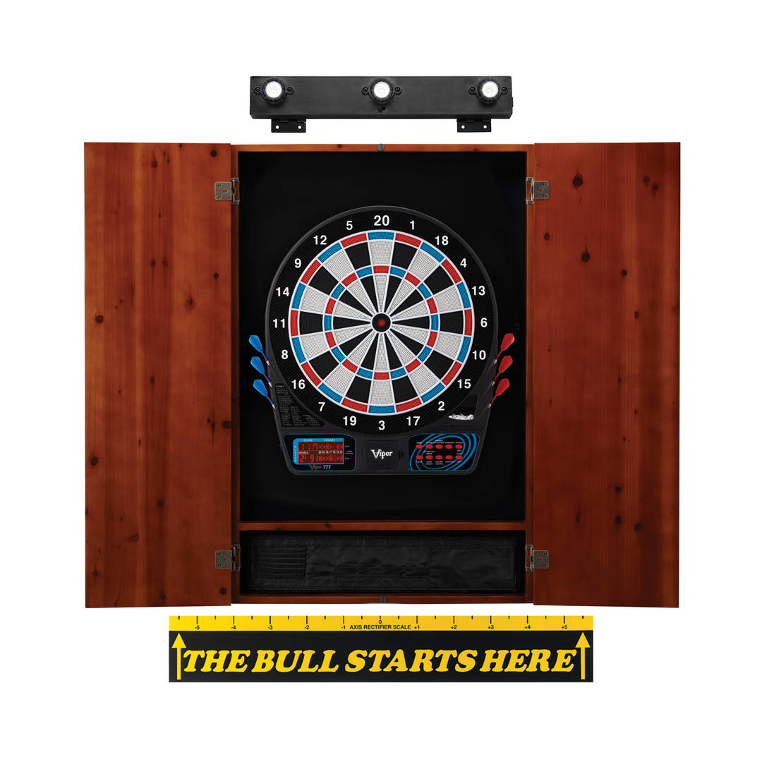 Viper 777 Electronic Dartboard, Metropolitan Cinnamon Cabinet, "The Bull Starts Here" Throw Line Marker & Shadow Buster Dartboard Lights