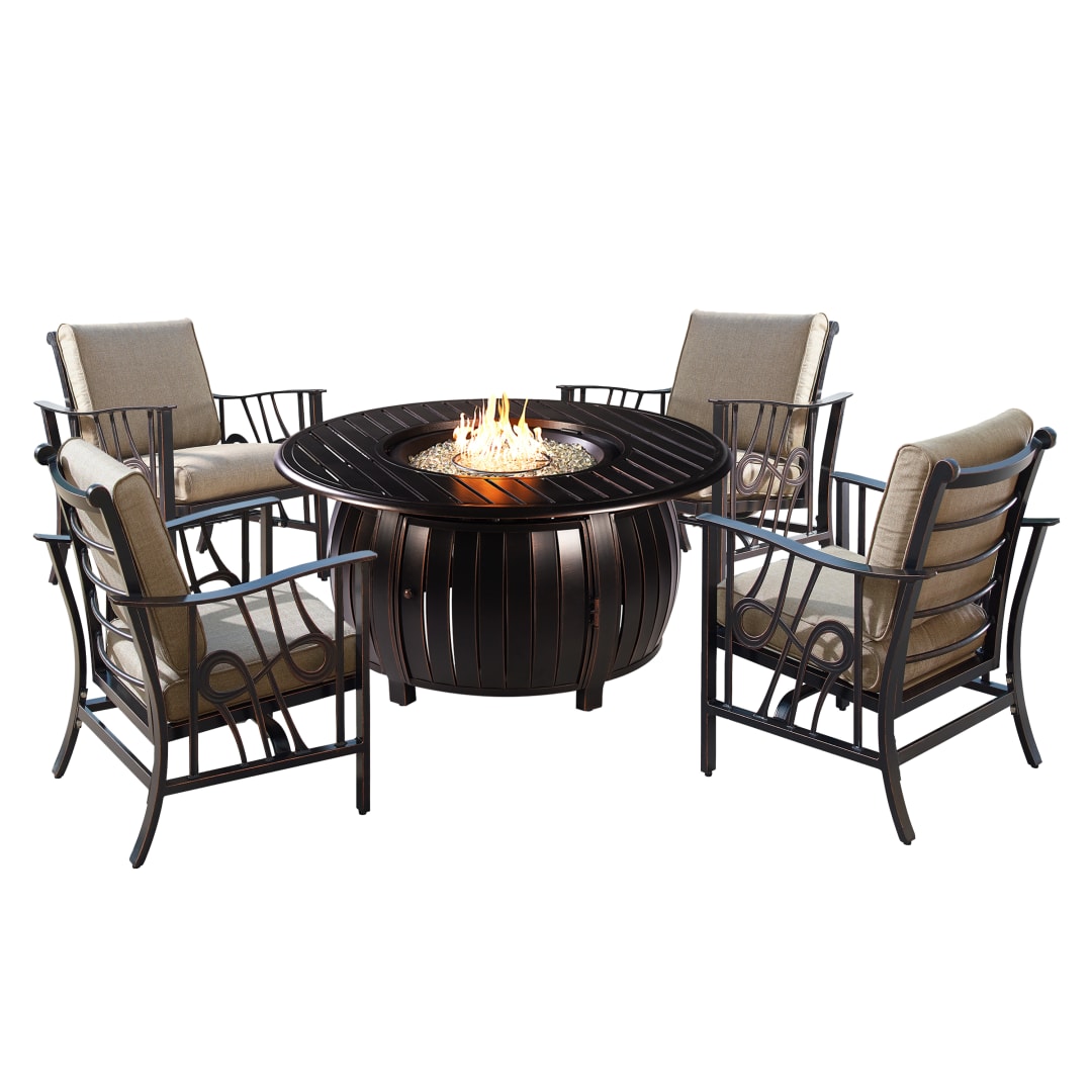 Aluminum 44-in Round Antique Copper Fire Table Set with Four Deep Seating Rocking Chairs, Fire Beads, Lid, Propane Tank Cover and Table Fabric Covers