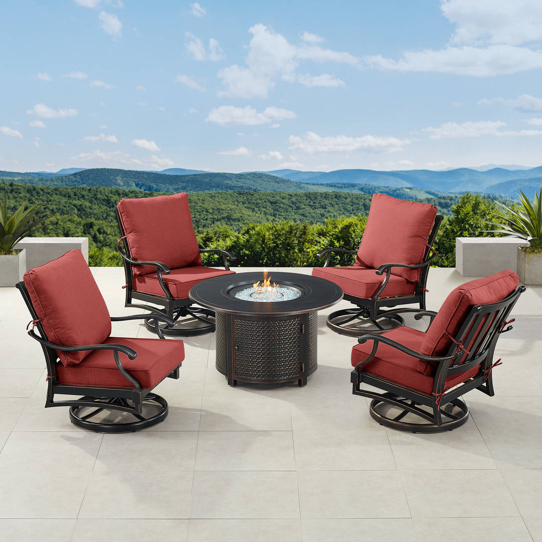 Black Aluminum Patio Fire Table Set with Four Club Chairs