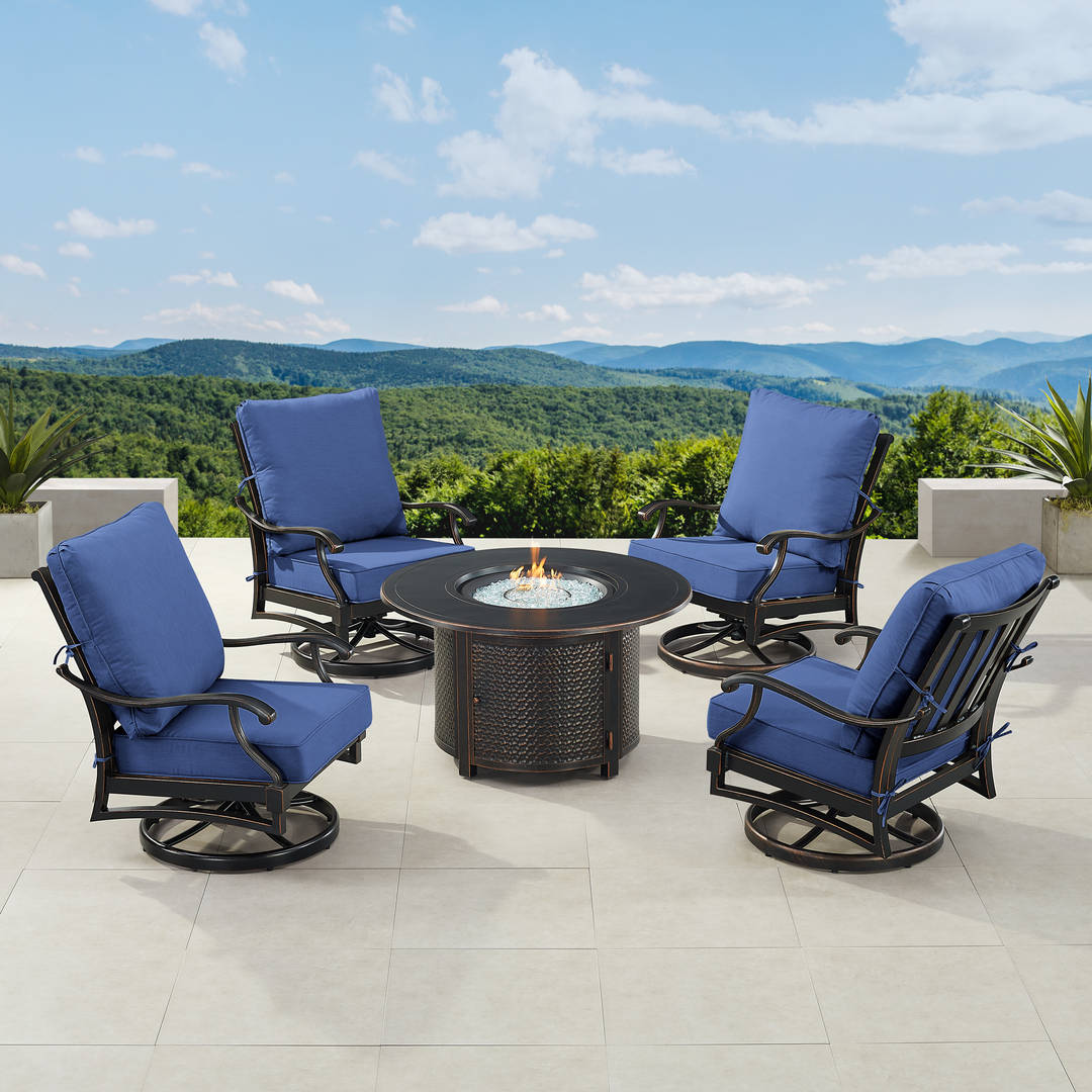 Black Aluminum Patio Fire Table Set with Four Club Chairs