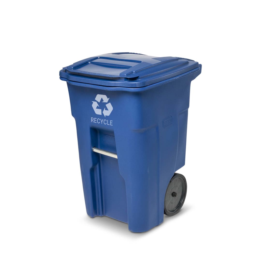 48 Gal. Blue Trash Can with Quiet Wheels and Attached Blue Lid